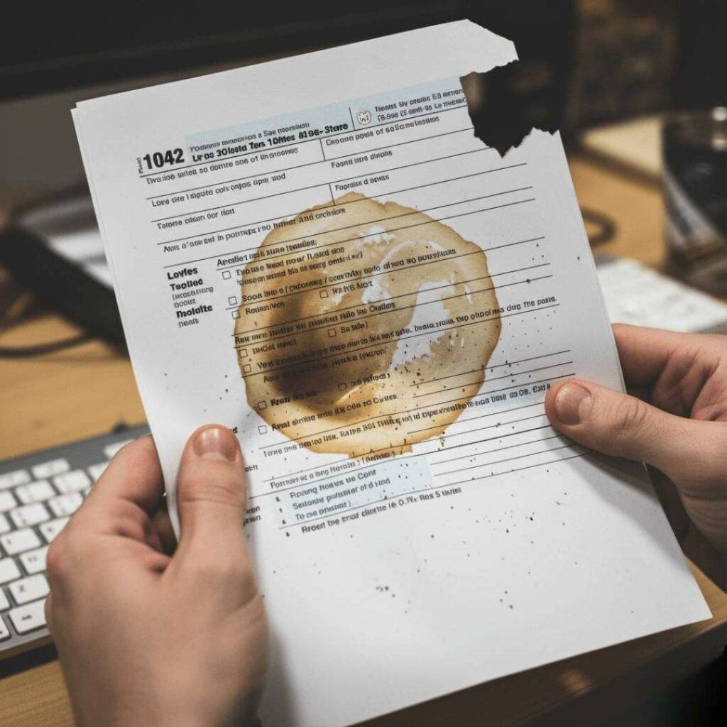 A close-up, shaky shot of hands holding a tax form, visibly smudged with a coffee stain and a torn corner, suggesting a hurried or distressed moment.