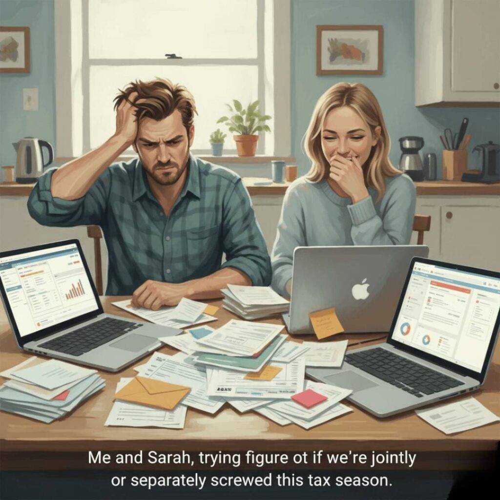 A couple at a kitchen table, surrounded by tax documents and laptops. One partner looks frustrated, while the other laughs nervously.