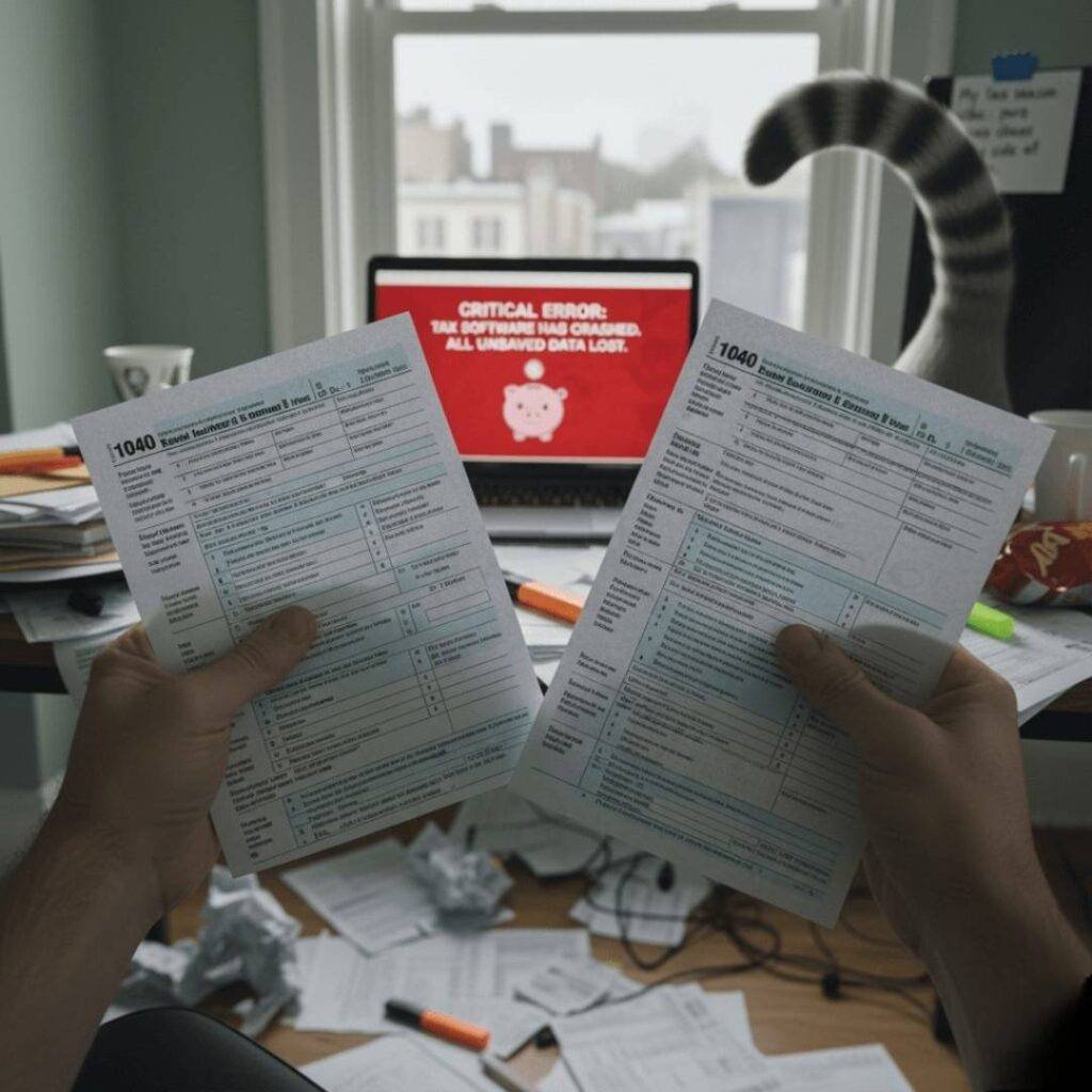 Hands holding tax forms, a cat's tail in the corner, and a laptop displaying a tax software crash.