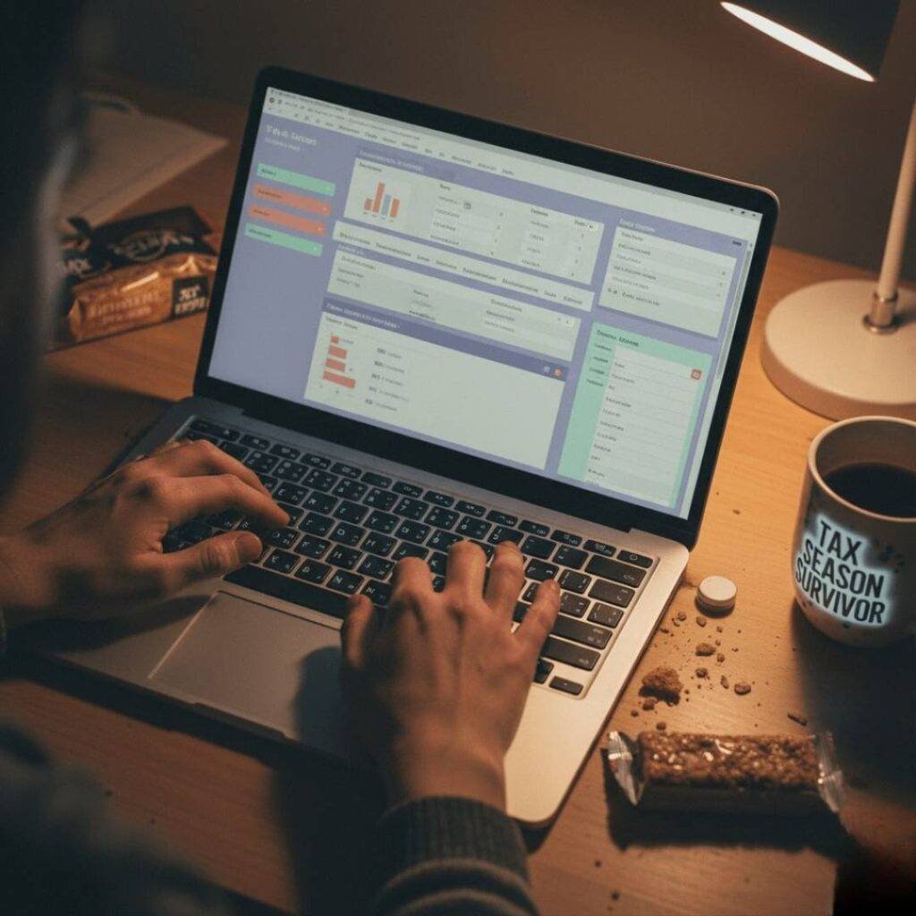 Hands typing on a laptop with tax software, crumbs, and a coffee mug.