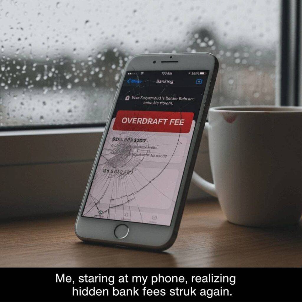 A cracked iPhone screen displays an "overdraft fee" notification, with a rainy window and a lipstick-stained coffee cup in the background.