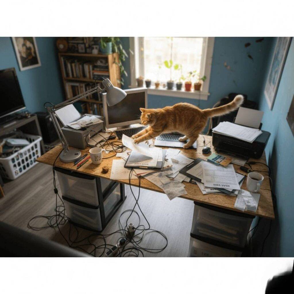 Real-life home office mess for tax deductions 2025 claims.