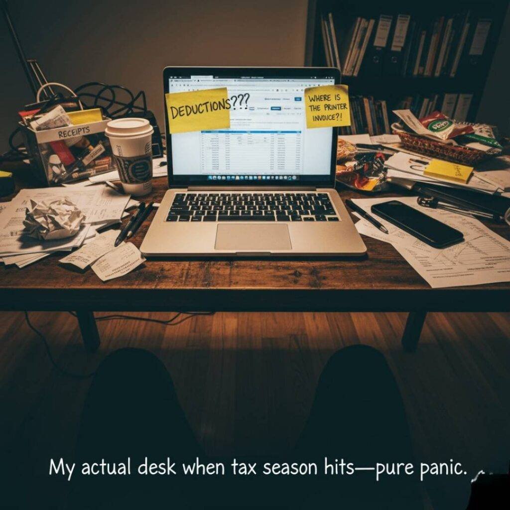 A cluttered freelancer's desk with a laptop, receipts, and a sticky note asking "DEDUCTIONS???"