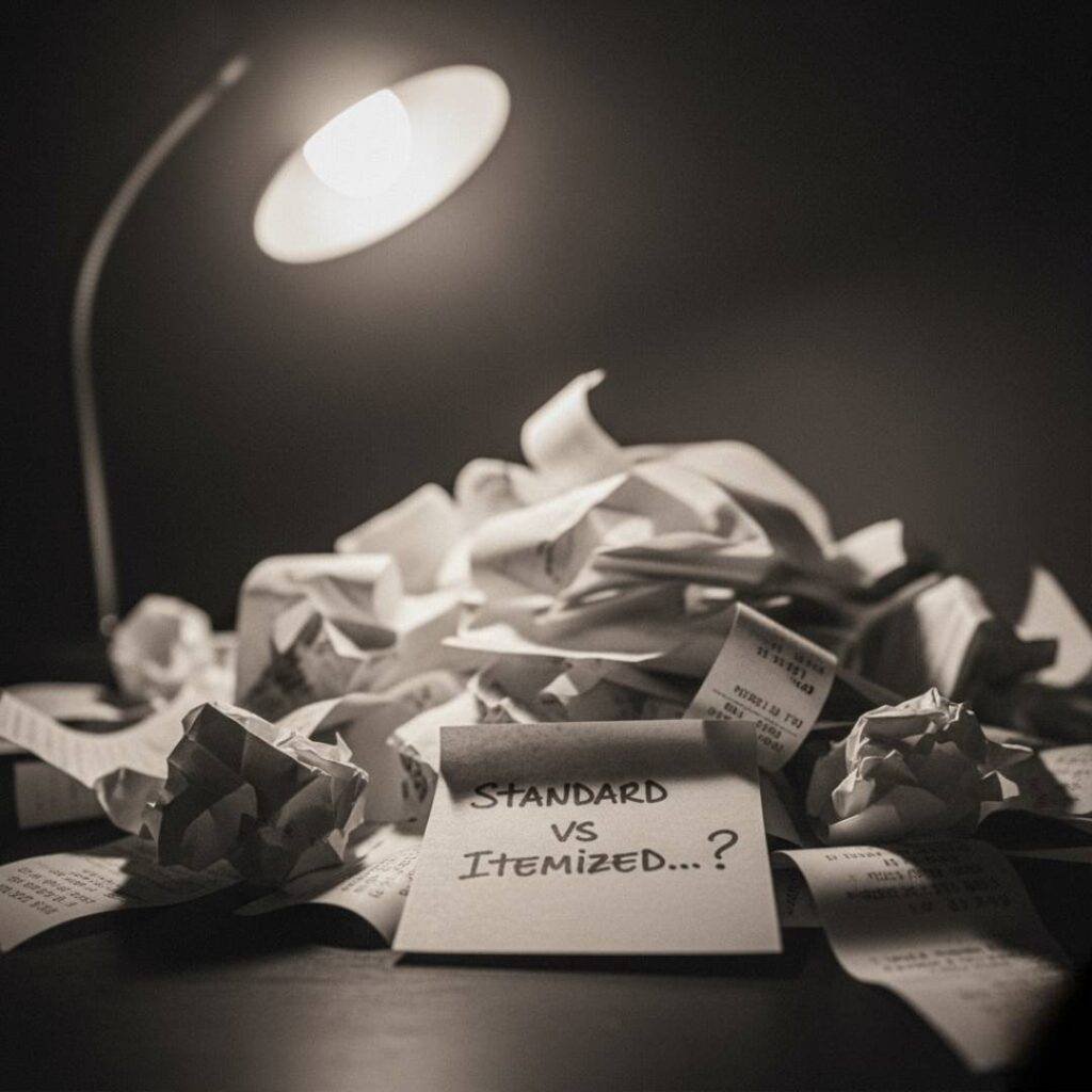 Noir-style image of crumpled receipts under a dim desk lamp, with a sticky note in focus asking "Standard vs Itemized...?"
