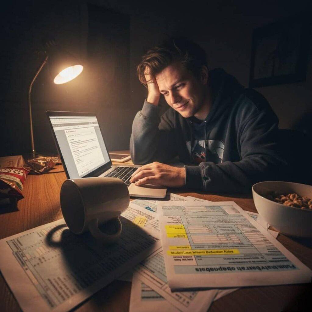 A low-angle shot of a man hunched over a laptop at night, a tipped coffee mug and tax papers scattered on the desk, highlighting the phrase "Student Loan Interest Deduction Rules."