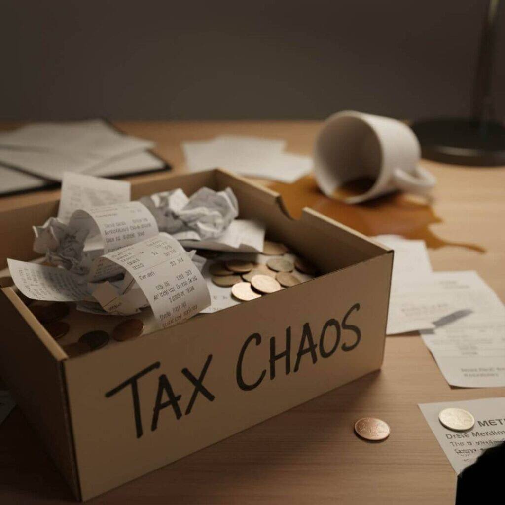 Crumpled medical receipts overflowing from a shoebox, with a calculator and a pen reading "Taxes suck!"
