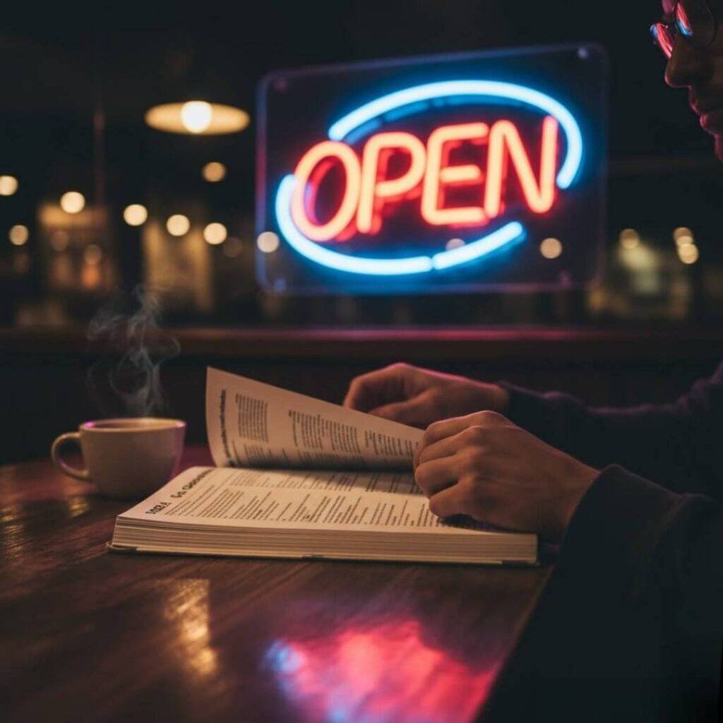 Hands flipping through a tax guidebook in a dimly lit coffee shop, with a neon "Open" sign reflecting on the table.