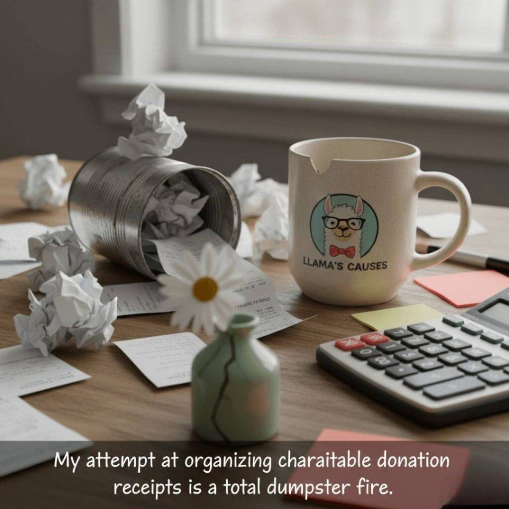 A messy desk with crumpled donation receipts, a chipped "Llama's Causes" mug, and a calculator, with the caption "My attempt at organizing charitable donation receipts is a total dumpster fire."