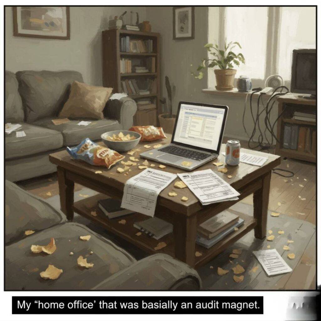 A high-resolution impressionistic digital painting shows a close-up, messy living room from the perspective of someone sitting on a couch. A wooden coffee table in the foreground is covered in chip crumbs, open bags of chips, and several half-filled tax forms. A silver laptop is open on the table, displaying a document