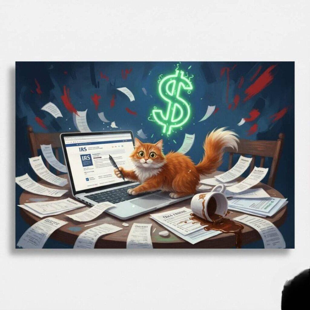 An impressionistic digital painting of a cat on a kitchen table with a laptop, receipts, and a floating neon-green dollar sign.