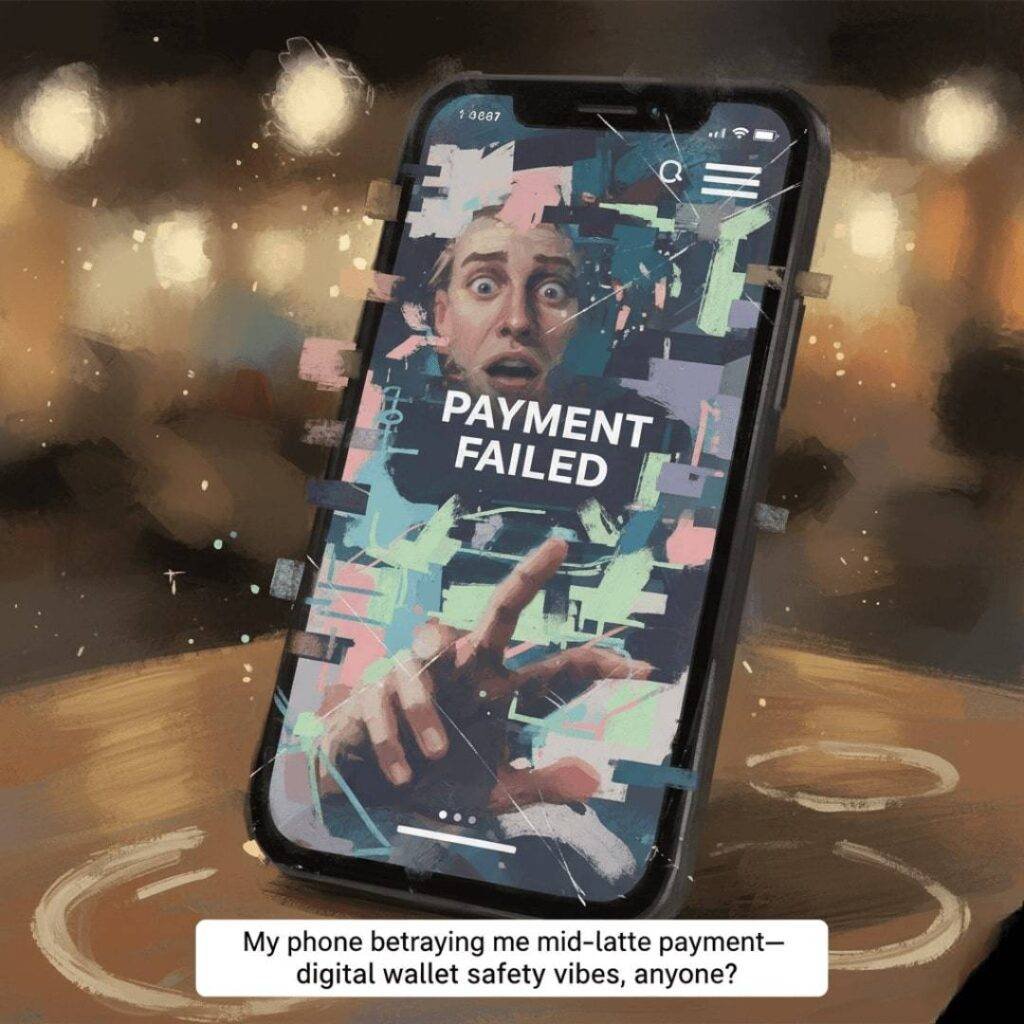 digital wallet app, with my frustrated reflection faintly visible
