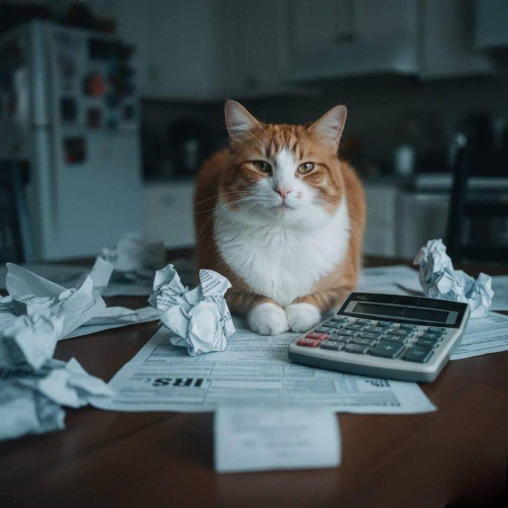 A cat named Pickles sitting smugly on tax forms on a kitchen table, surrounded by crumpled papers and a calculator.
