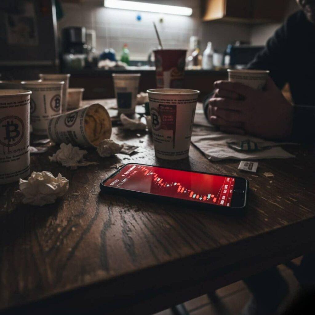 My messy table with Bitcoin price today nosedive, coffee-stained chaos.