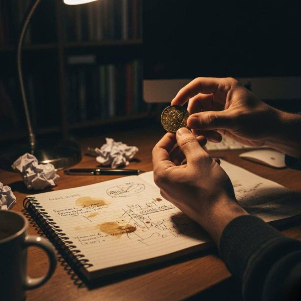Shaky hands hold a gold coin under a flickering lamp, with coffee-stained notes on a desk.