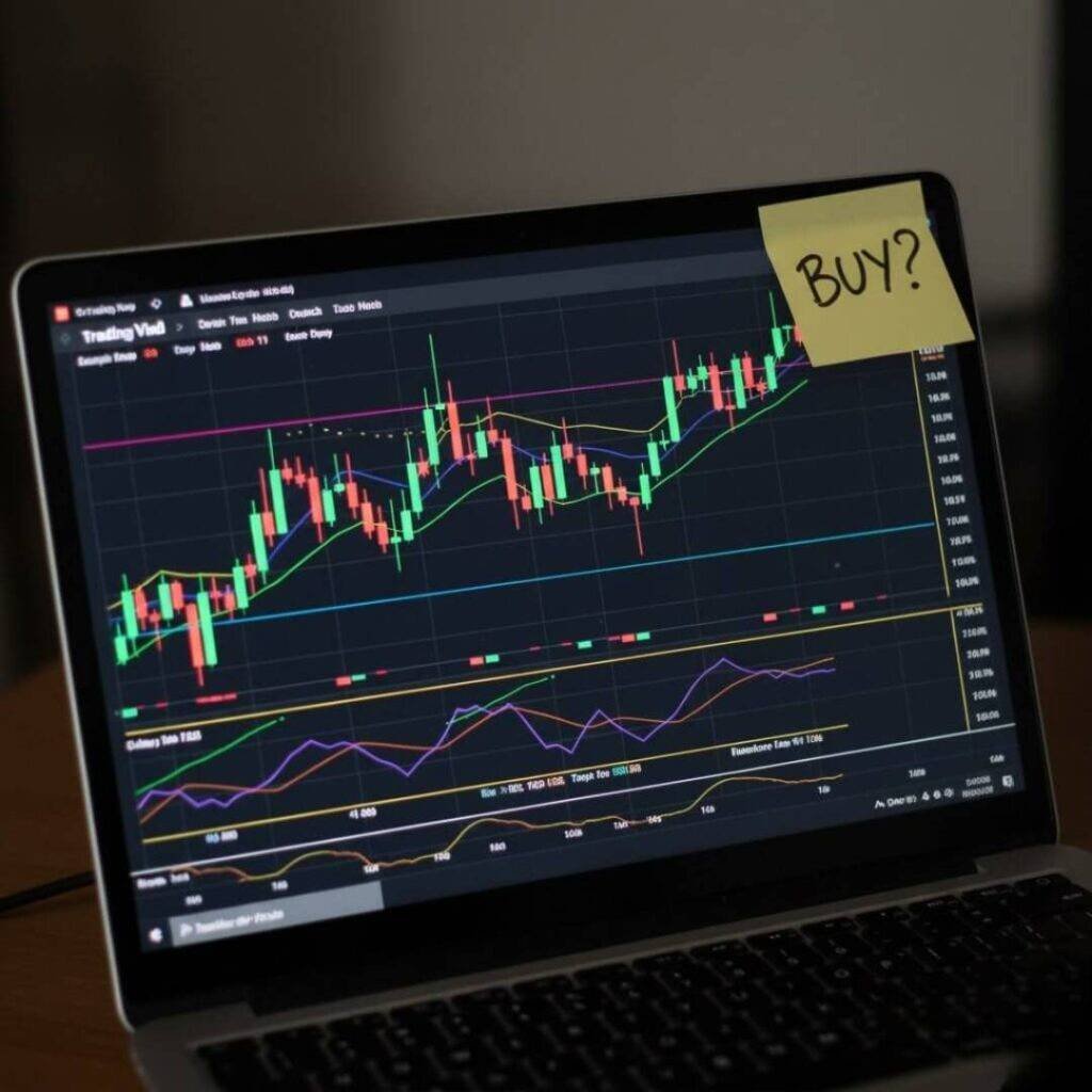 Close-up, grainy shot of a laptop screen displaying a neon-colored candlestick chart on TradingView, with a sticky note saying "BUY?"