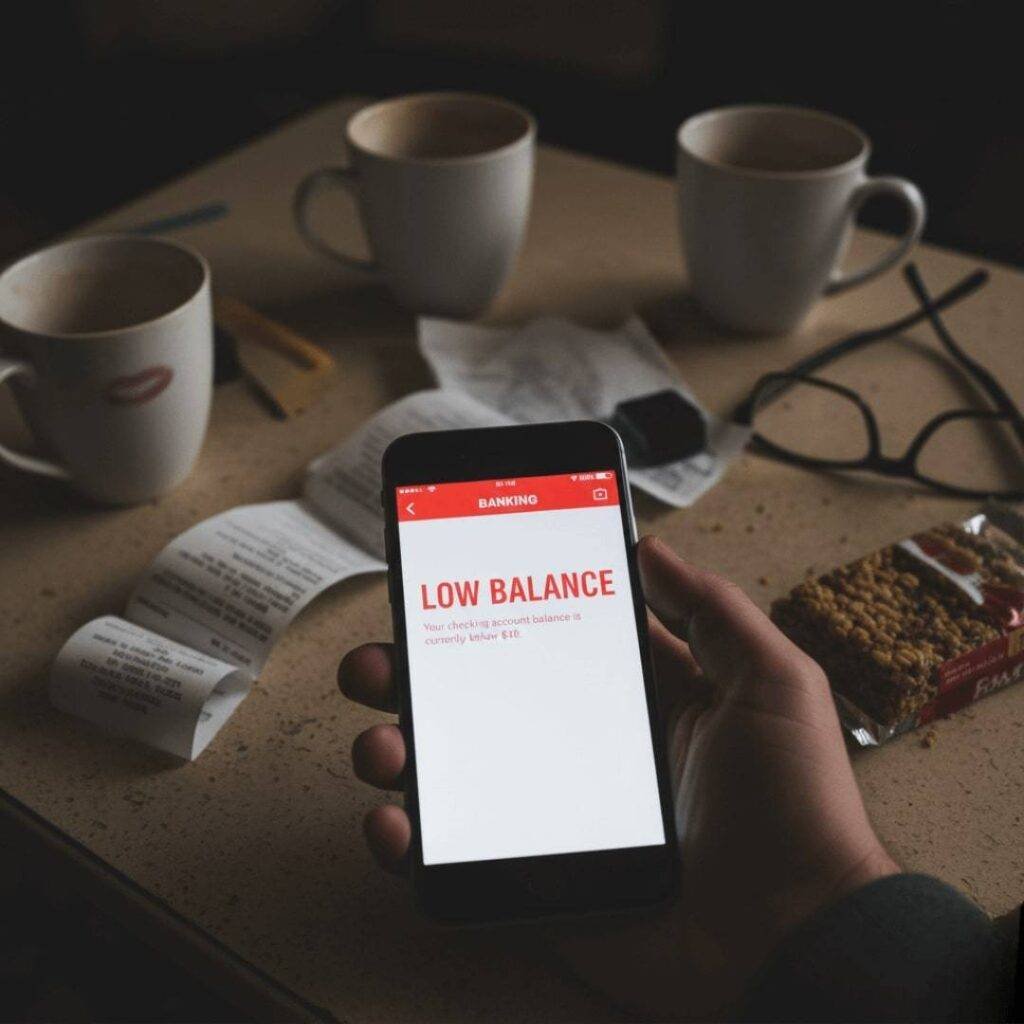 A shaky hand holds a smartphone displaying a red low balance warning on a banking app, against a blurred background of a messy coffee table with empty cups and a crumpled receipt.