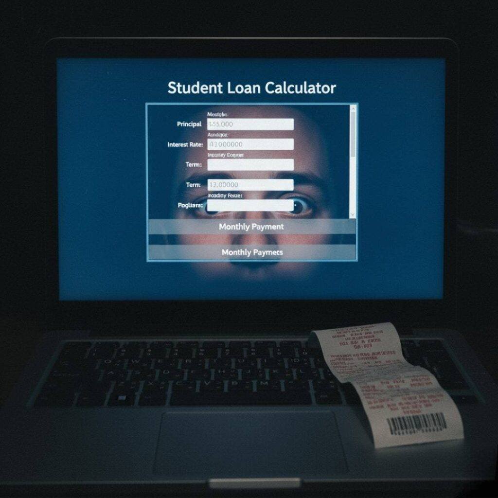 Laptop screen showing a loan calculator, with bleary eyes reflected and a pizza receipt on the keyboard.