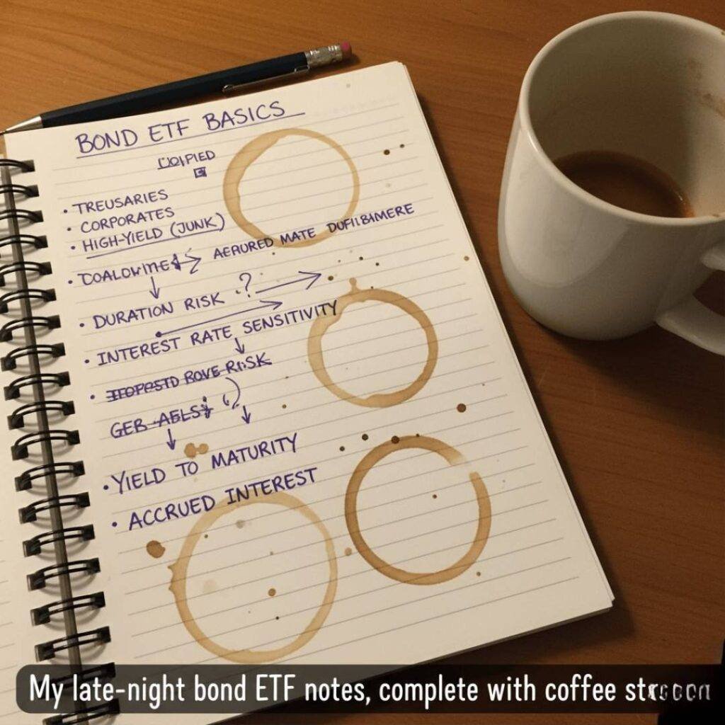 Close-up photo of a handwritten notebook page with bond ETF terms and coffee stains, next to a half-empty coffee mug, with the caption: "My late-night bond ETF notes, complete with coffee stains."