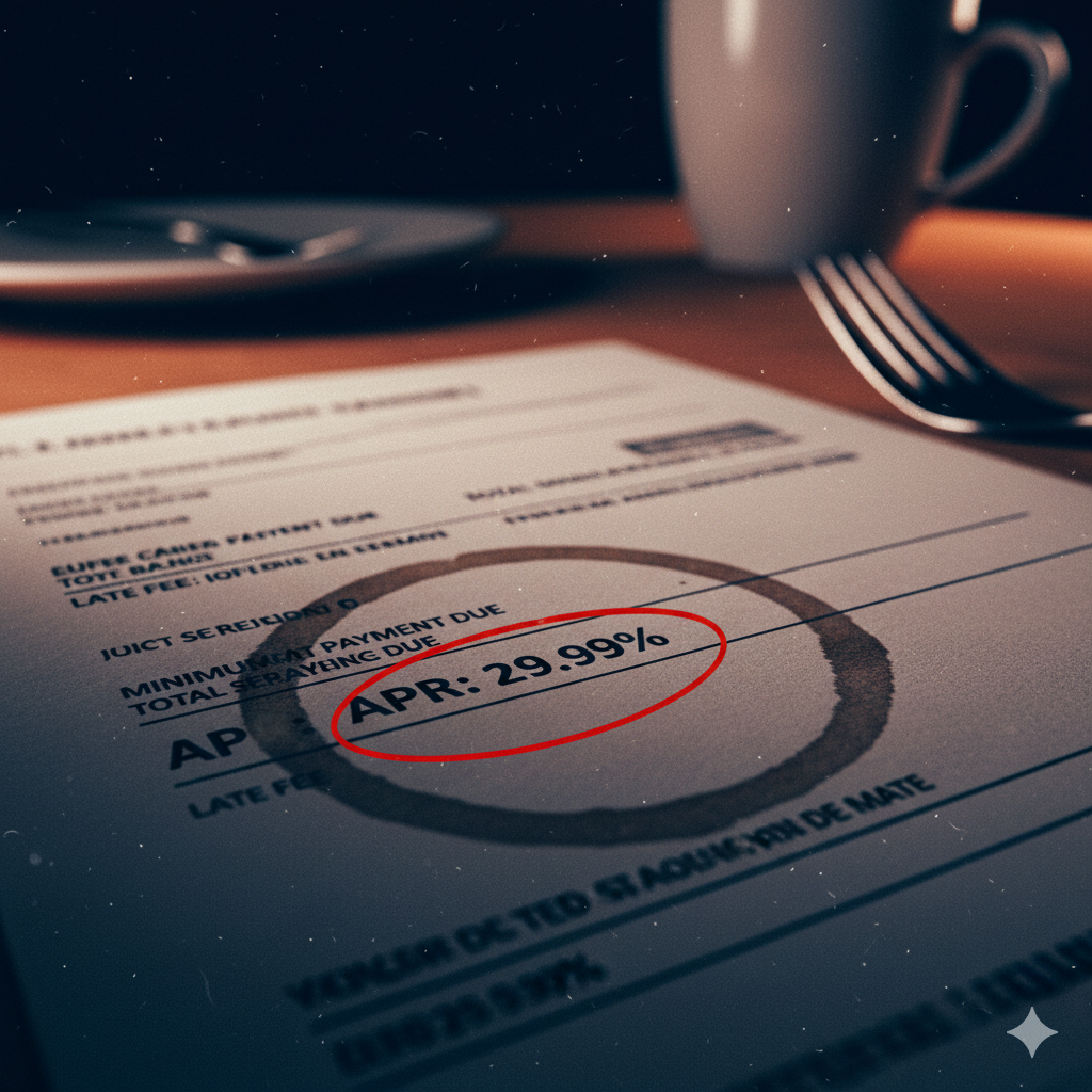 A close-up image of a credit card statement with a coffee ring stain and the APR circled in red.