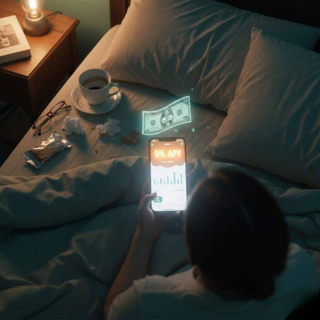 An overhead view of someone in bed, holding a phone displaying a high-yield savings app with a glowing 5% APY and a hovering dollar bill ghost.