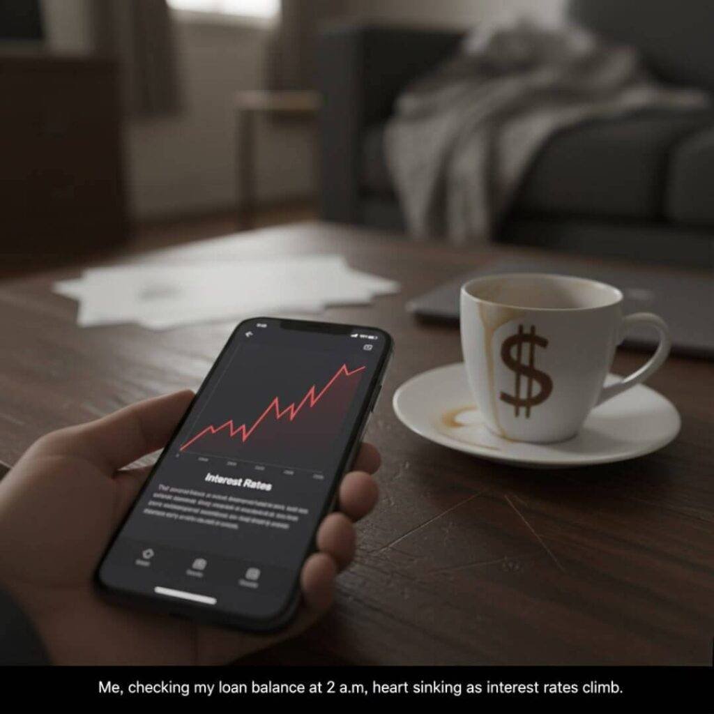 An impressionistic digital painting of a laptop on a kitchen counter, showing a red, dipping stock chart. A stressed person's reflection is faintly visible on the screen, along with a coffee stain shaped like a dollar sign in the corner.