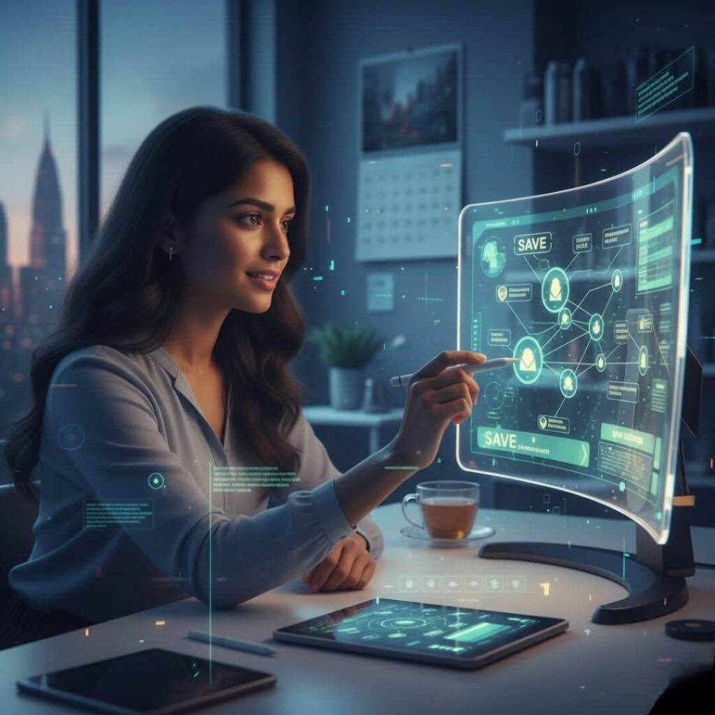 A smiling woman uses a stylus to interact with a futuristic, curved transparent monitor displaying a complex financial interface, with a city skyline visible outside her office window.