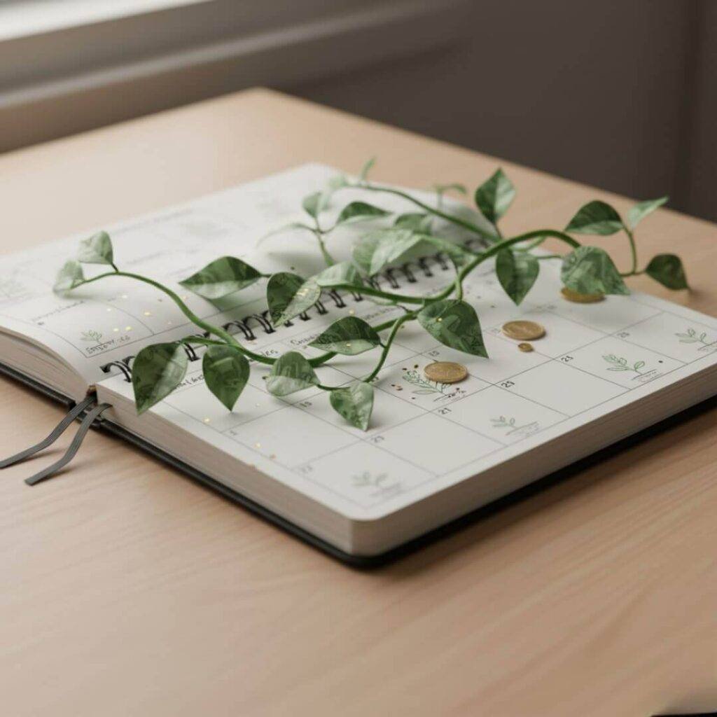 A planner with green vines growing over it, some leaves resembling dollar bills.