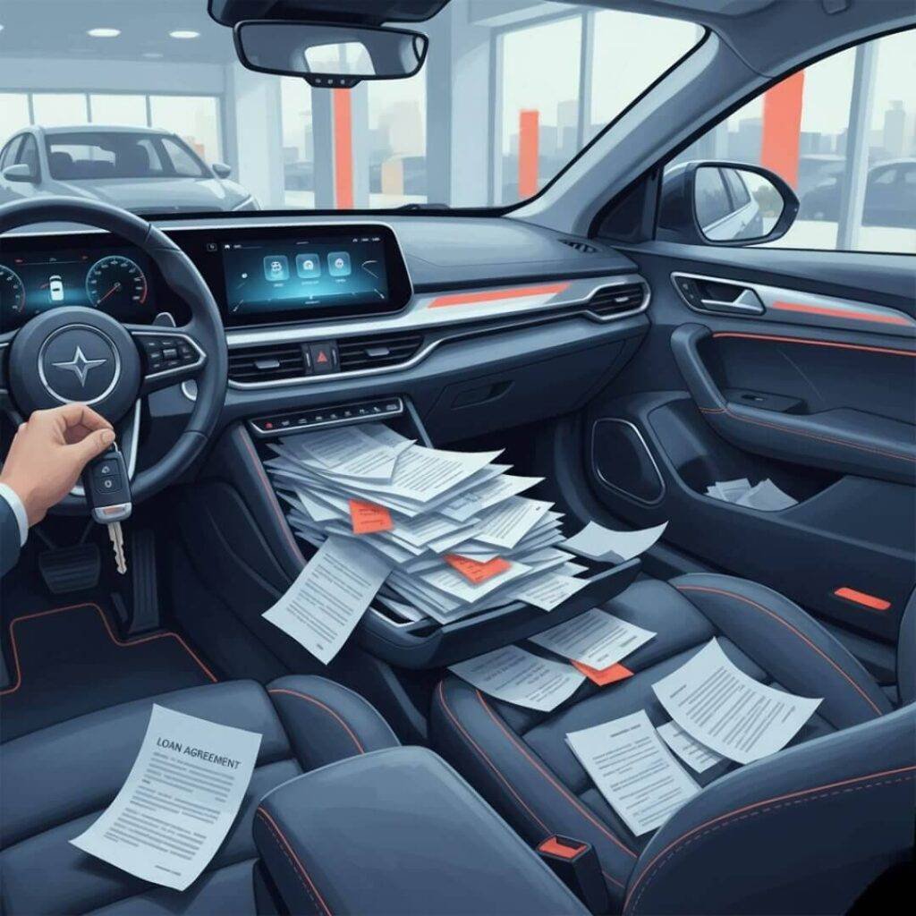 First-person POV of sitting in a new car with a glowing dashboard and a stack of loan papers spilling onto the passenger seat, in an impressionistic digital painting style.