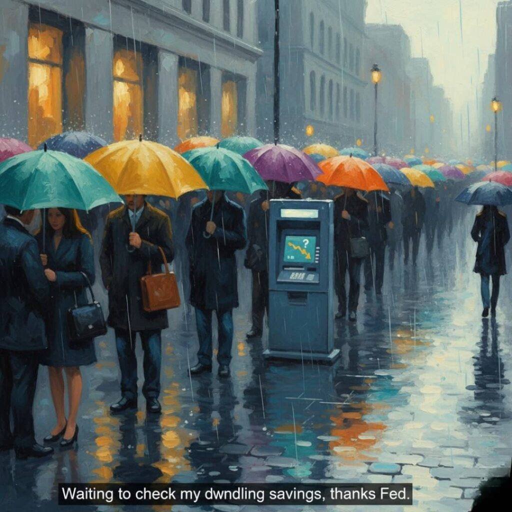 A crowded bank ATM line in the rain, with people holding colorful umbrellas.
