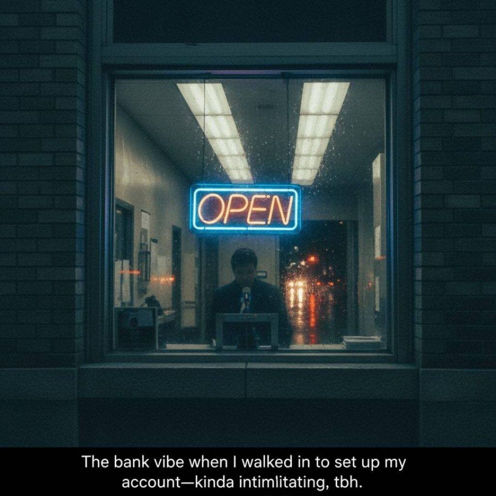 A blurry, rainy view of a bank teller's window with a flickering neon "OPEN" sign.