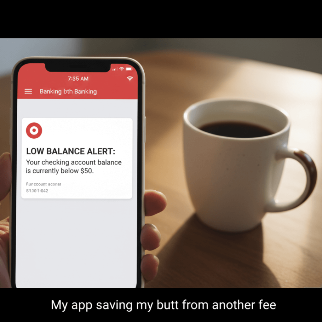 A close-up of a smartphone displaying a low balance alert from a banking app, with a coffee mug in the background.