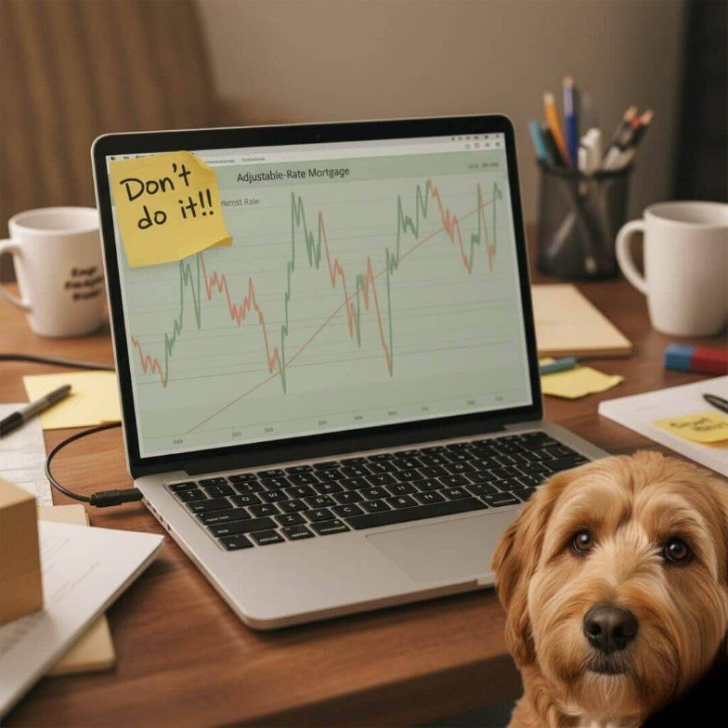 Alt Text: A cluttered desk with a laptop displaying an ARM rate chart, a sticky note reading "Don't do it!!", and a dog (Rufus) in the foreground.