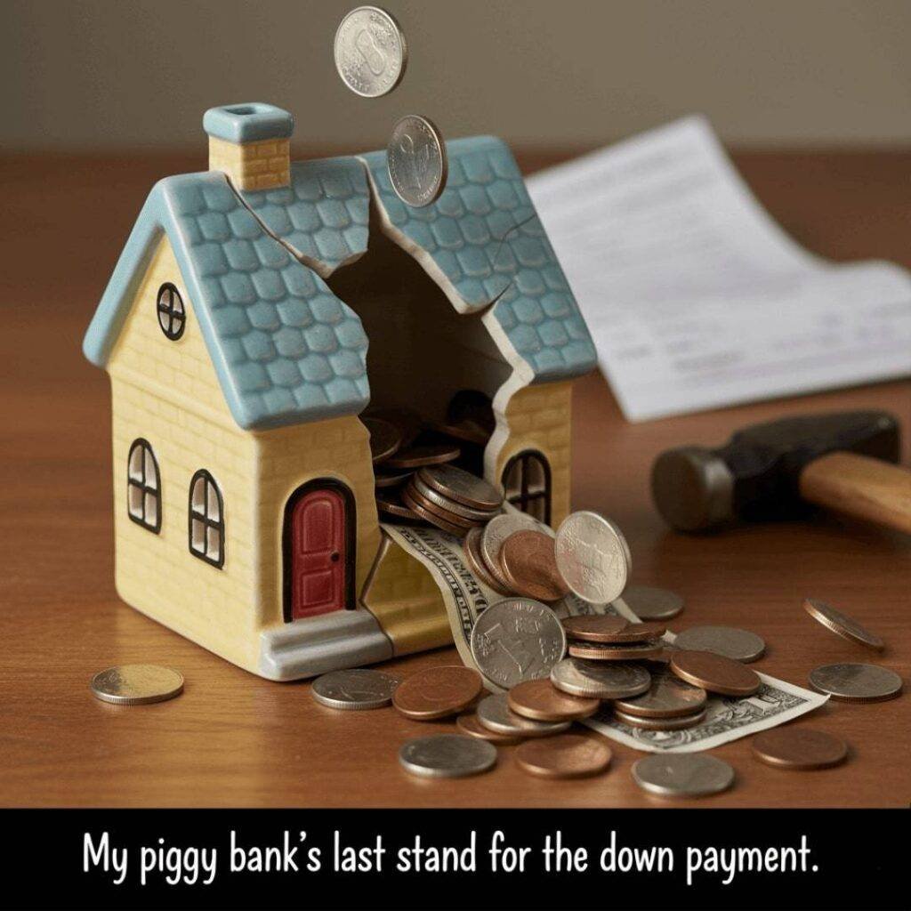 A tiny house-shaped piggy bank, cracked open with coins spilling out, next to a hammer and a crumpled paper.