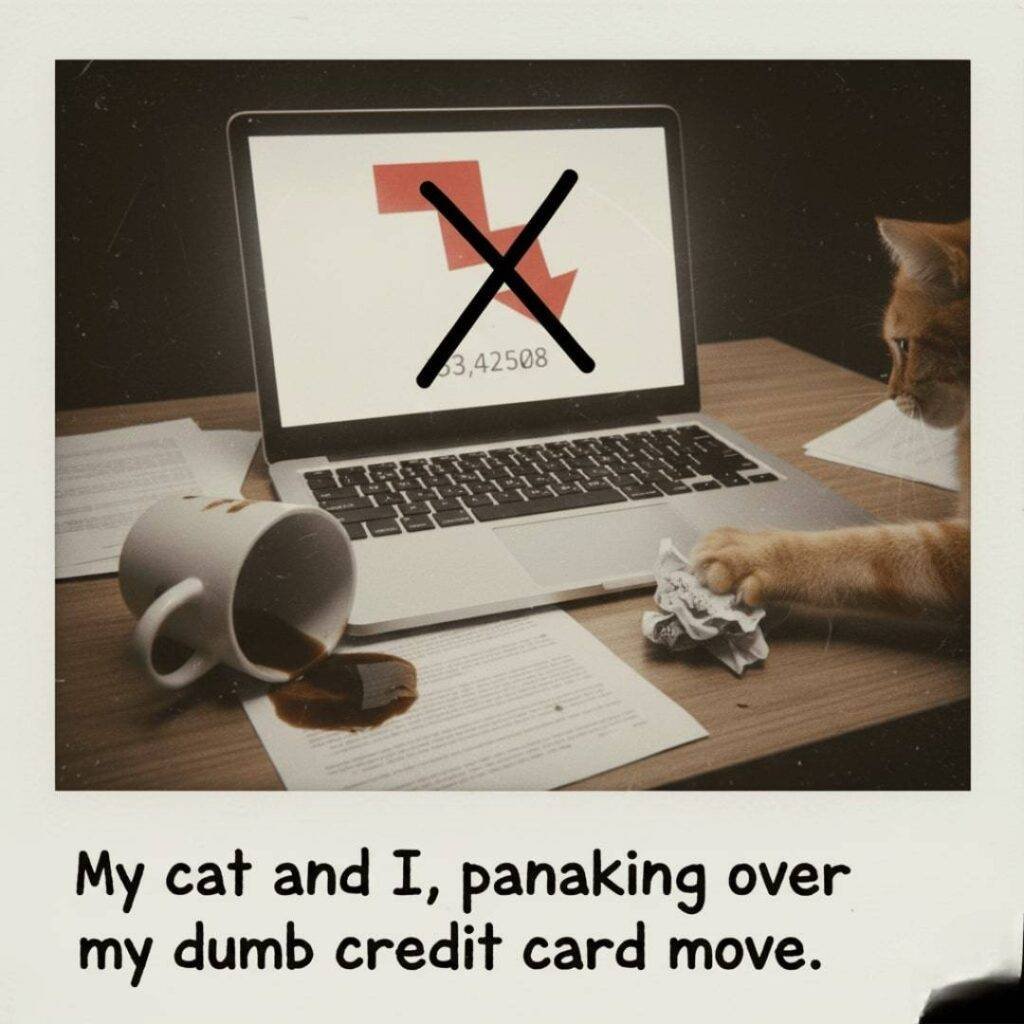 A laptop displays a falling credit score with an "X" over it, next to spilled coffee and a cat paw.