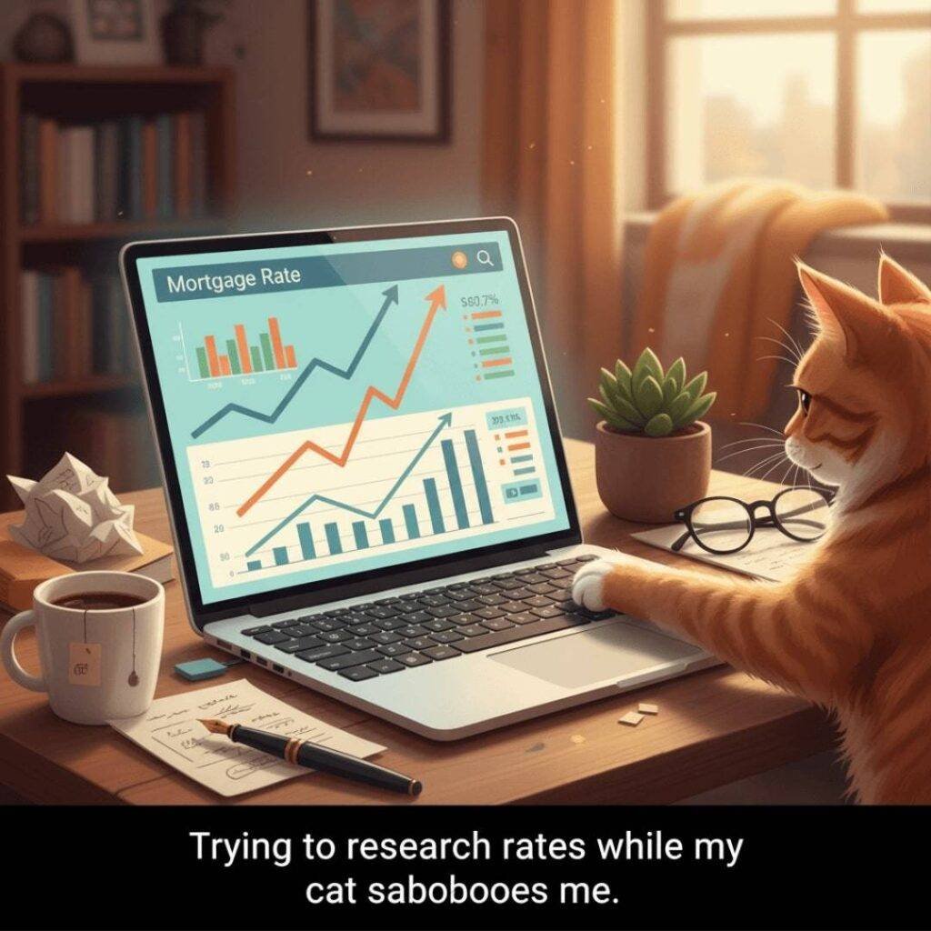 A cat's paw on a laptop keyboard displaying mortgage rate graphs on a cluttered desk.