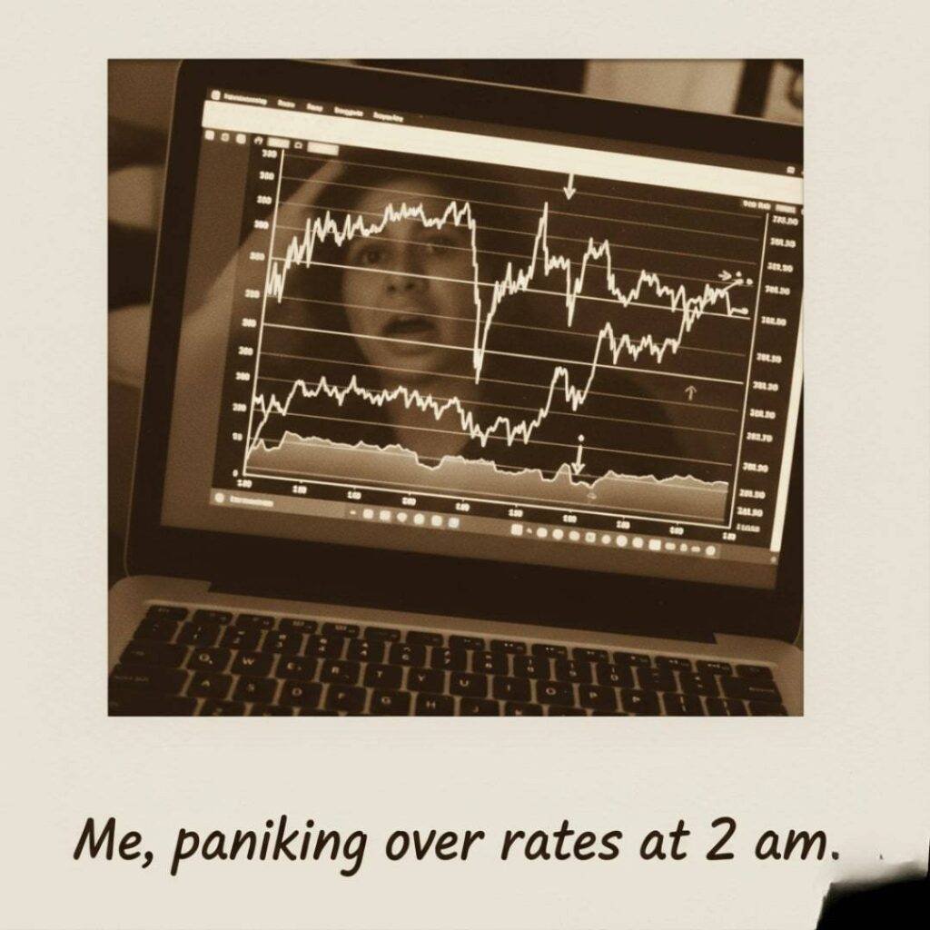 Laptop screen displaying mortgage rate charts, with a faint, stressed reflection of a person visible in the screen, in a retro sepia tone with a tilted frame