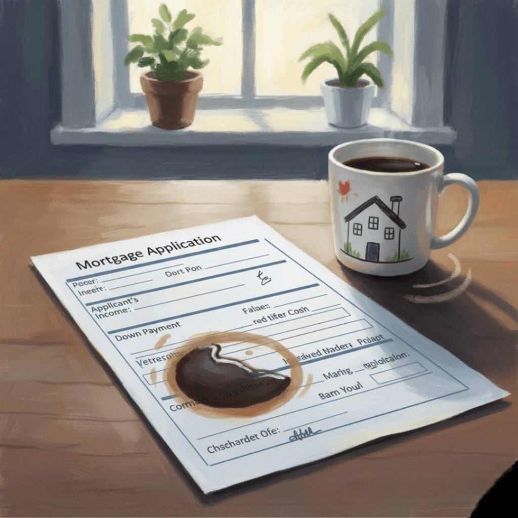 An impressionistic digital painting of a mortgage application form with a coffee stain, next to a coffee mug on a table