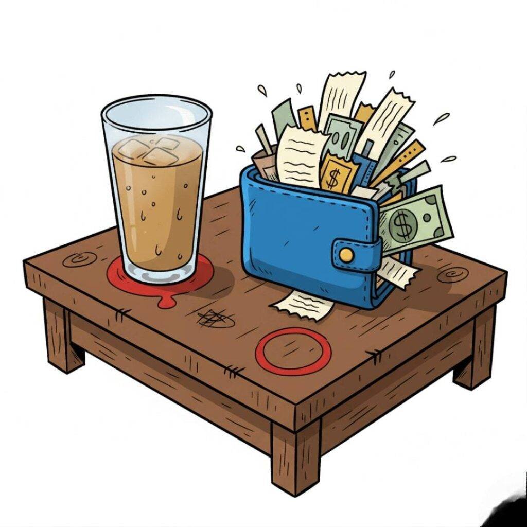 Cartoon sketch of an overstuffed wallet spilling receipts and a dollar bill on a coffee table next to a sweating iced coffee.