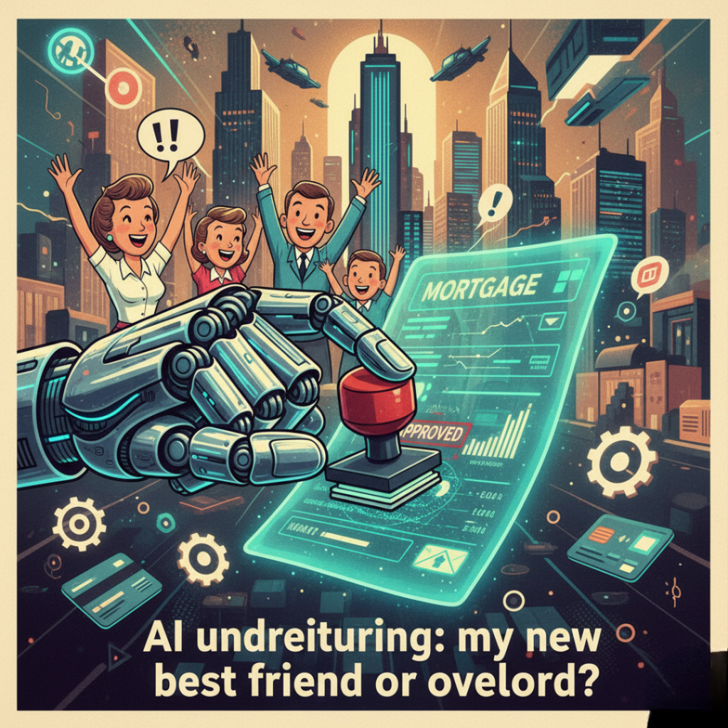 A vintage-cyberpunk infographic showing a robot hand stamping "APPROVED" on a glowing digital mortgage form, with a cheering human family in the background.
