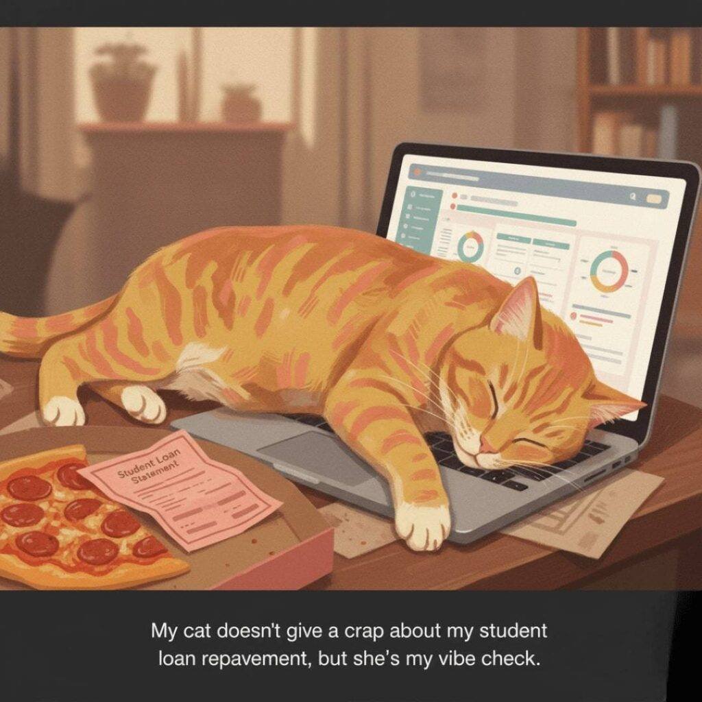 My cat sprawled on my laptop, blocking my budgeting app, with a crumpled loan bill and a half-eaten pizza slice nearby