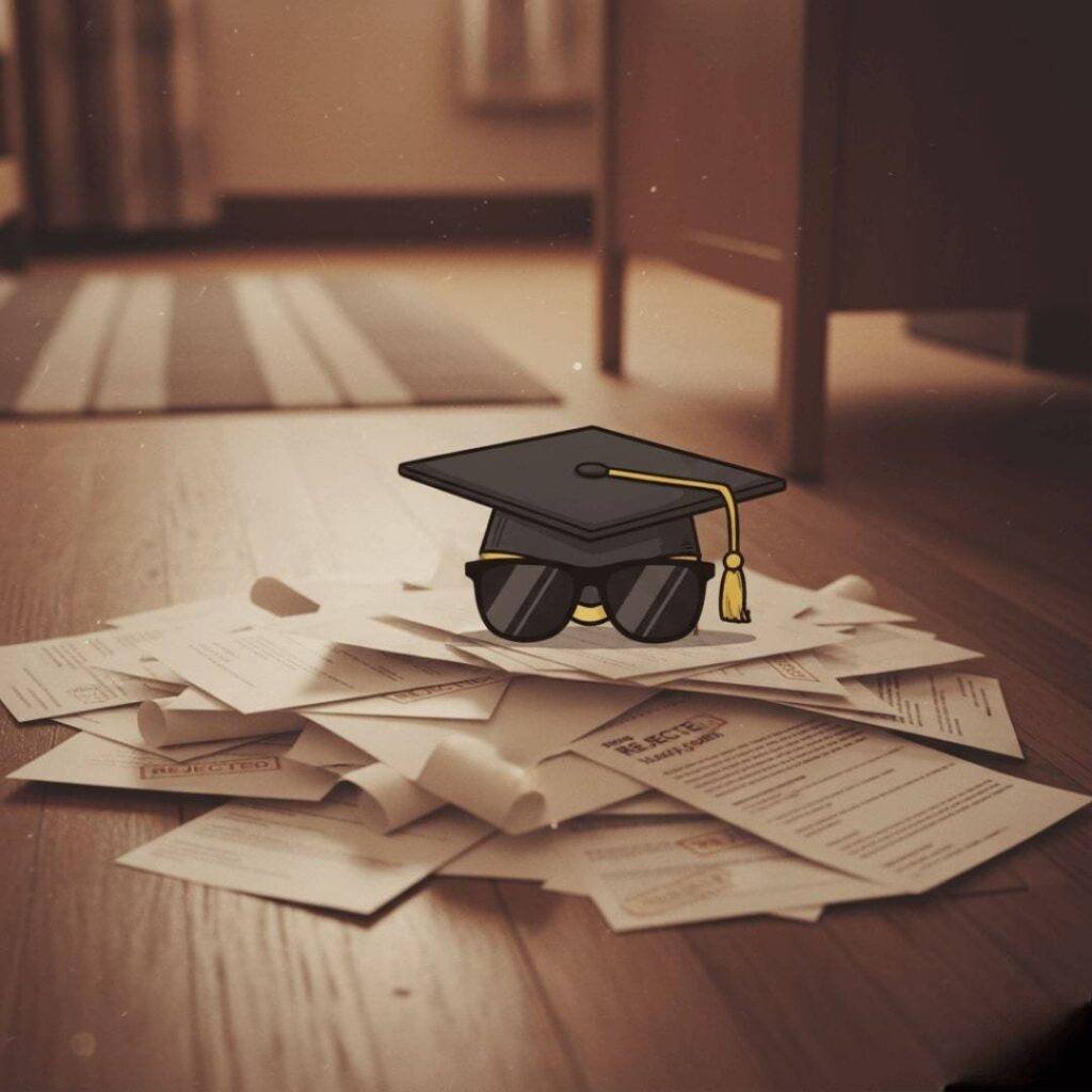 Pile of loan rejection letters on a dorm room floor, with a cartoon graduation cap wearing sunglasses on top.