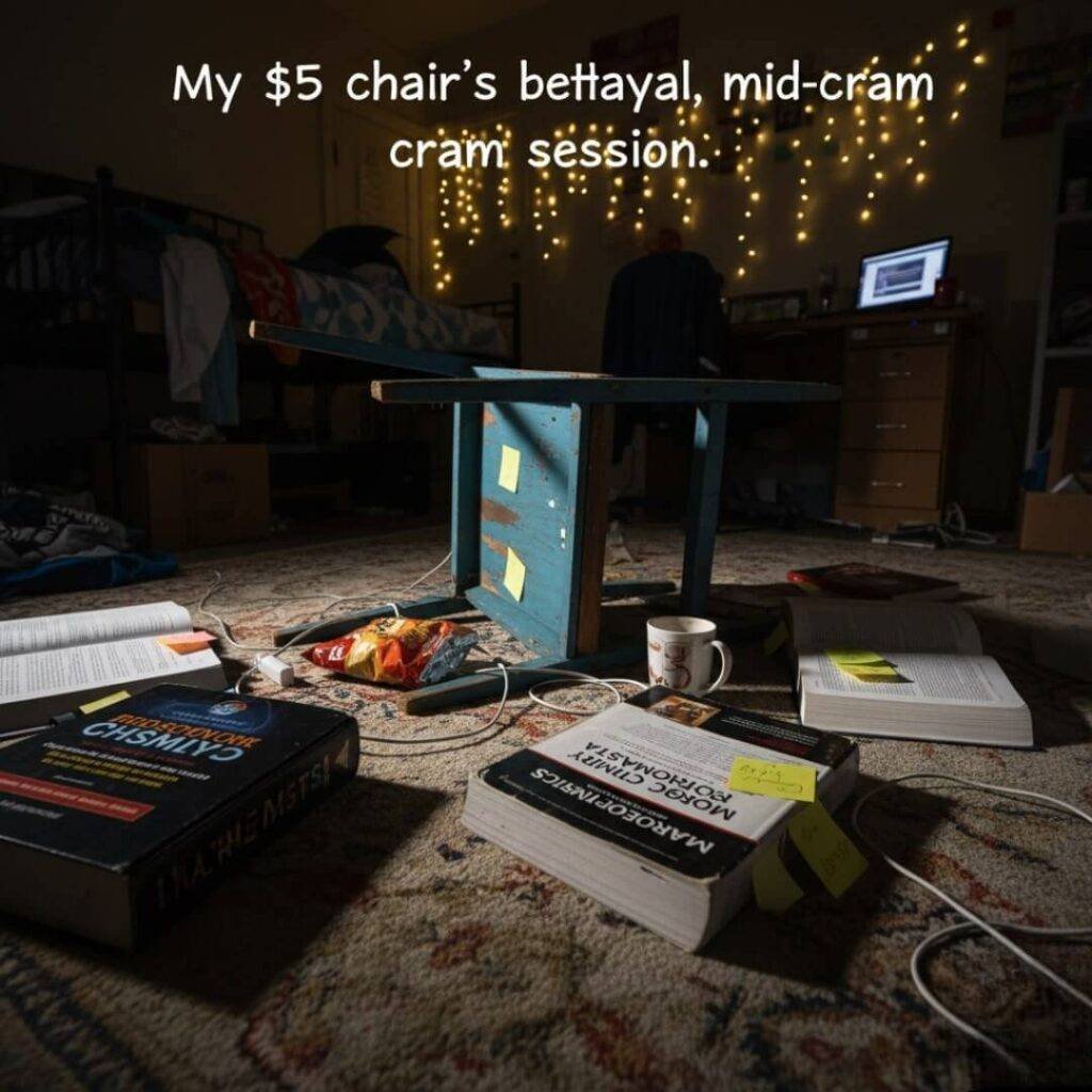 A broken, cheap chair lies on the floor amidst scattered textbooks, with fairy lights in the background.