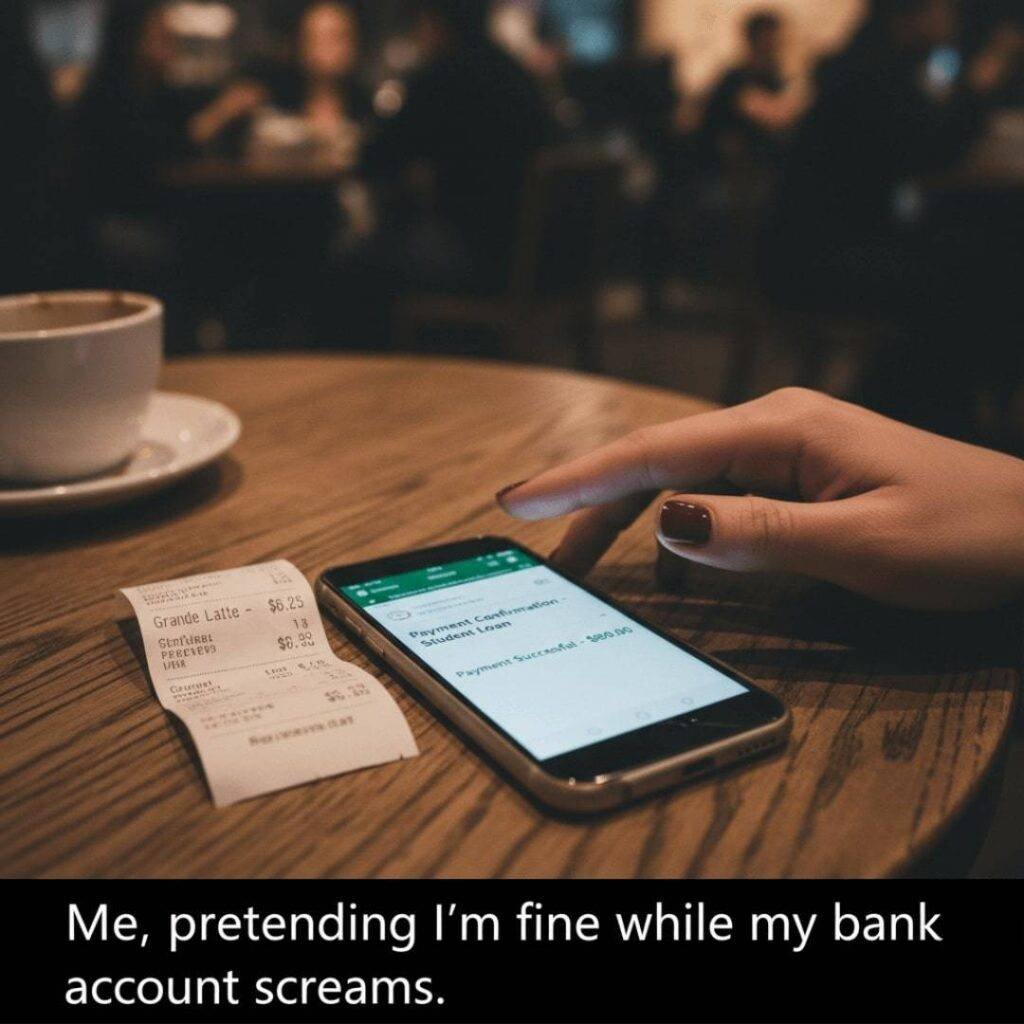 A hand nervously taps a table next to a coffee receipt and a phone showing a student loan payment confirmation.