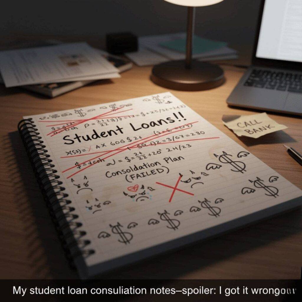 A notebook open on a desk, with "Student Loans!!" written at the top, followed by crossed-out numbers, "Consolidation Plan (FAILED)", and doodles of sad faces and dollar signs.