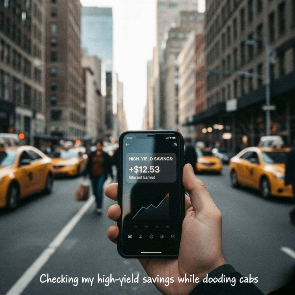 A hand holding a phone displaying a banking app notification against a chaotic NYC street background.