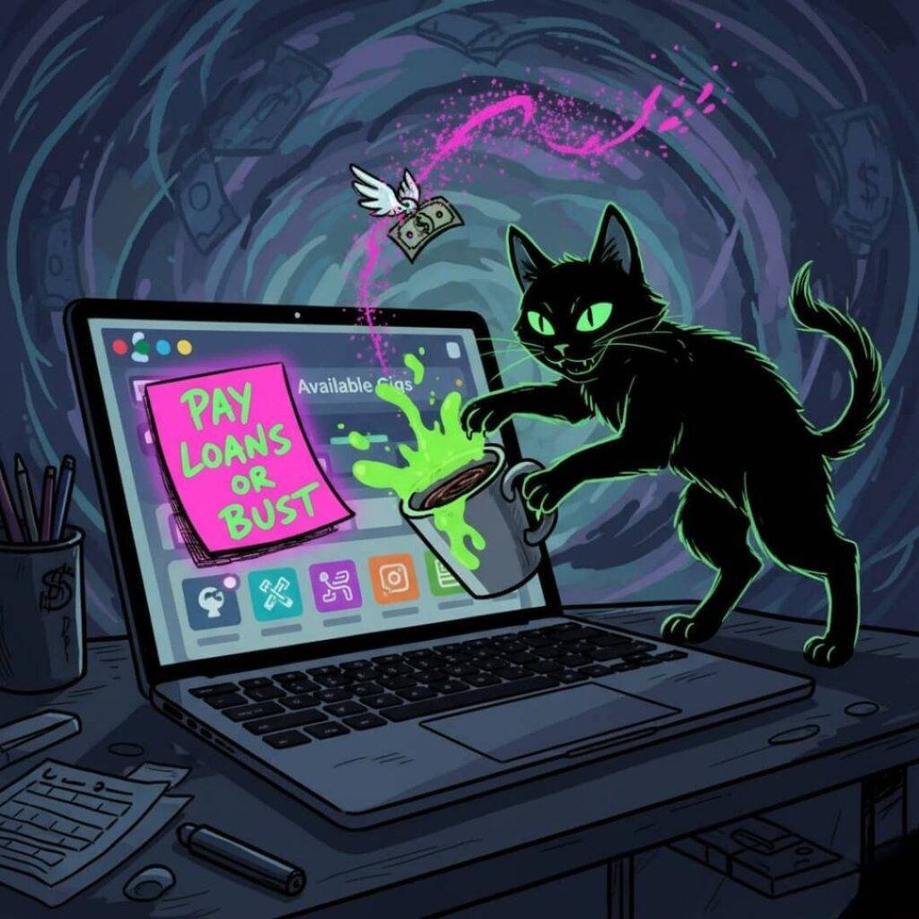 A cartoon image of a cat knocking over coffee on a laptop, with a neon Post-it note saying "Pay Loans or Bust" and a dollar bill flying away.
