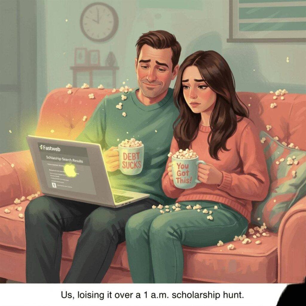 A man and a woman sit on a couch covered in popcorn, looking at a laptop. They hold mugs that say "Debt Sucks" and "You Got This".