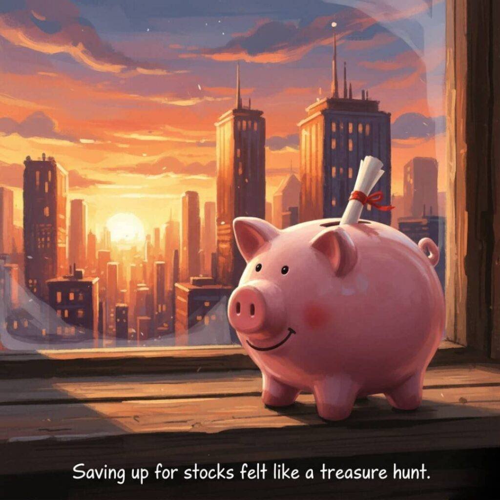 A quirky digital illustration of a piggy bank with a tiny stock certificate, sitting on a windowsill with a cityscape at sunset, and the caption "Saving up for stocks felt like a treasure hunt."