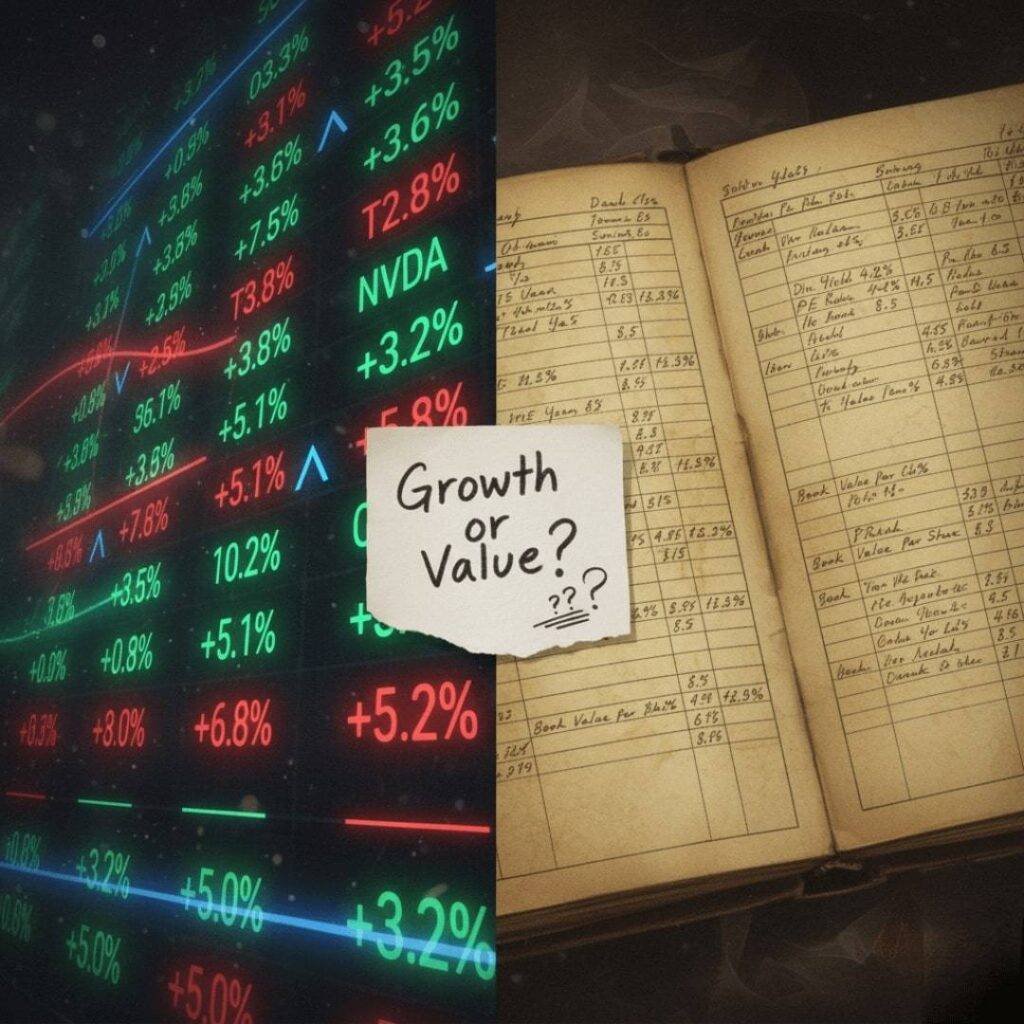 Here's that split-screen digital illustration, capturing the "Growth or Value?" debate in your brain.