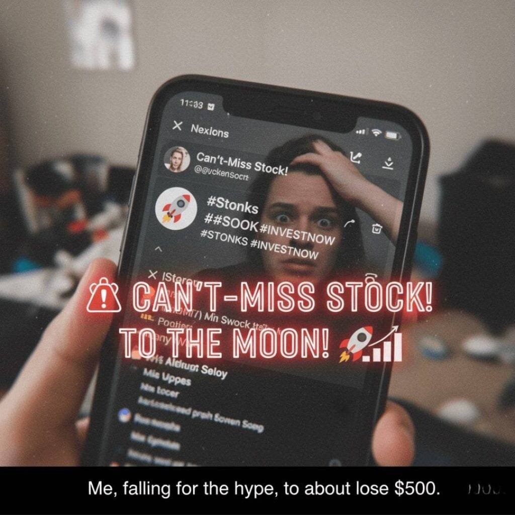 A person's reflection in a phone screen showing a hyped "can't-miss stock" social media post.